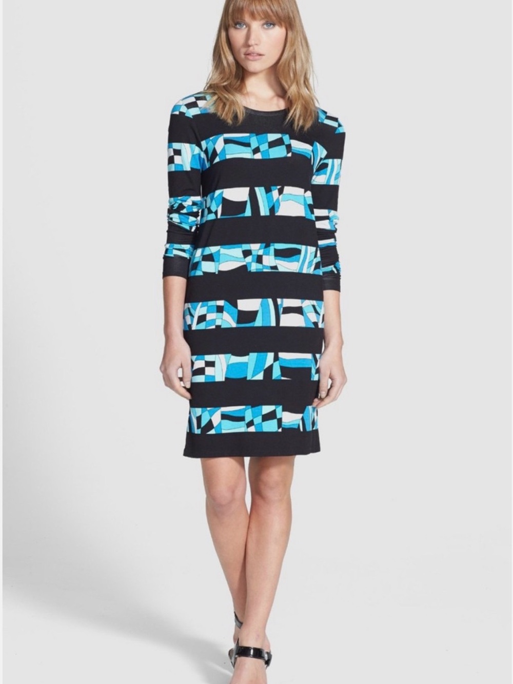 Michael Kors Black Mini Dress with Blue & White Geometric Stripes